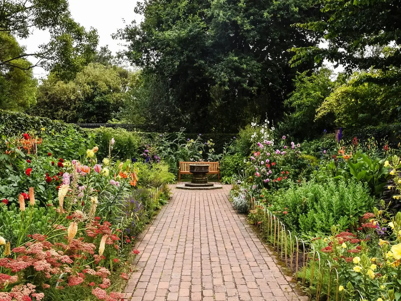 Jardín con camino pavimentado y banco