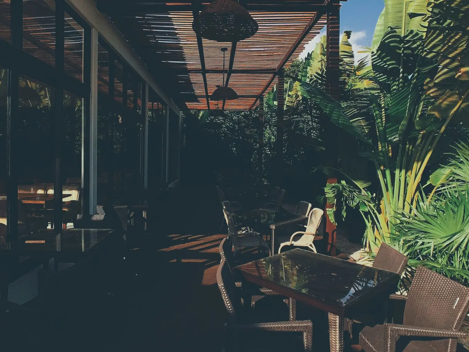 Terraza con pérgola de madera en un jardín